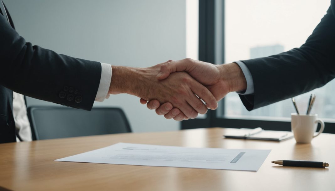 Deux personnes se serrant la main après la signature d'un document dans un bureau lumineux