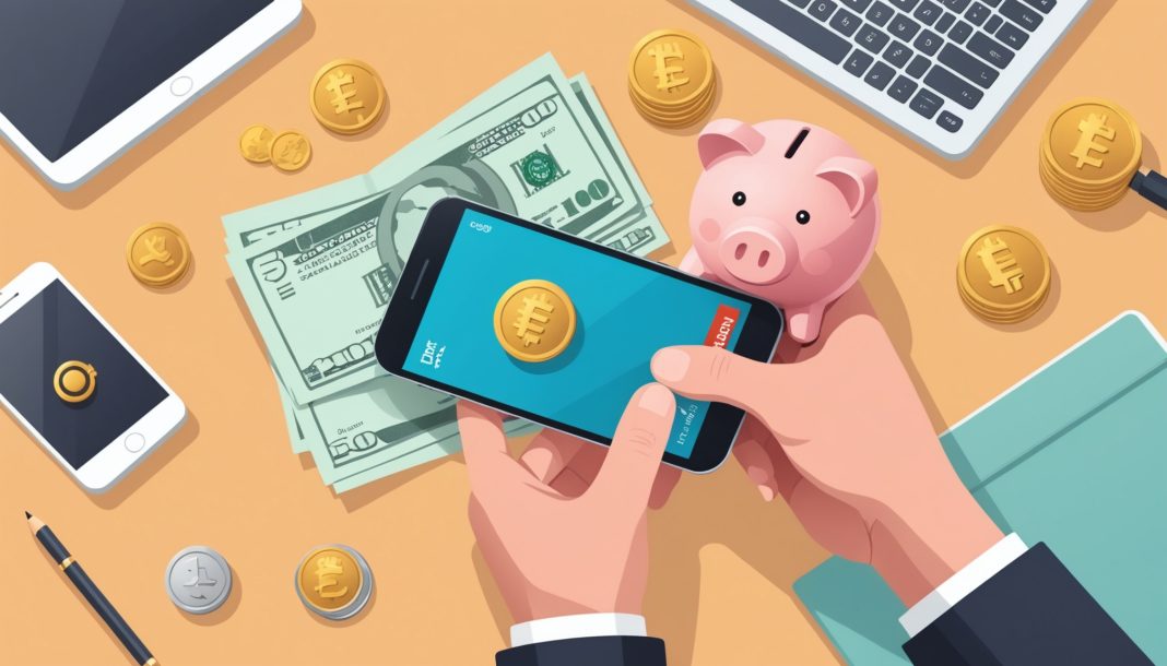 Smartphone affichant une récompense de parrainage à côté de pièces et billets