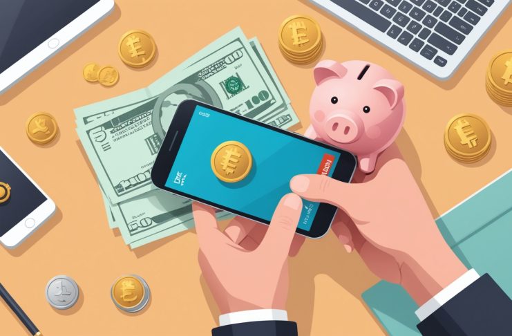 Smartphone affichant une récompense de parrainage à côté de pièces et billets