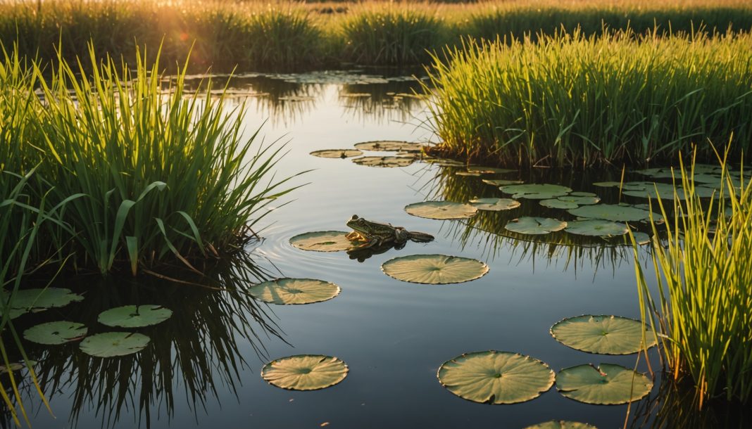 Mare naturelle en zone humide avec grenouille et couleuvre, illustration du déclin des amphibiens et reptiles en France