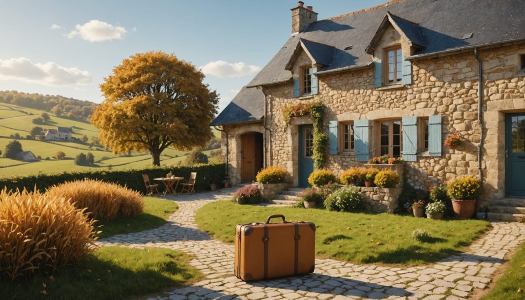 Illustration d'un gîte de campagne à l'automne pendant les vacances de la Toussaint