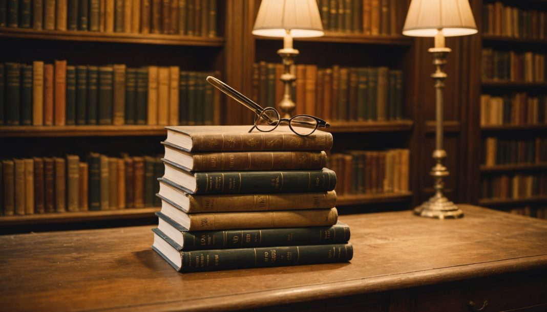 Illustration générée par IA d'une pile de romans sur un bureau ancien, ne représente pas un ouvrage ou un lieu réel