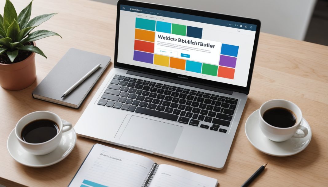 Ordinateur portable affichant une interface de création de site internet sur un bureau