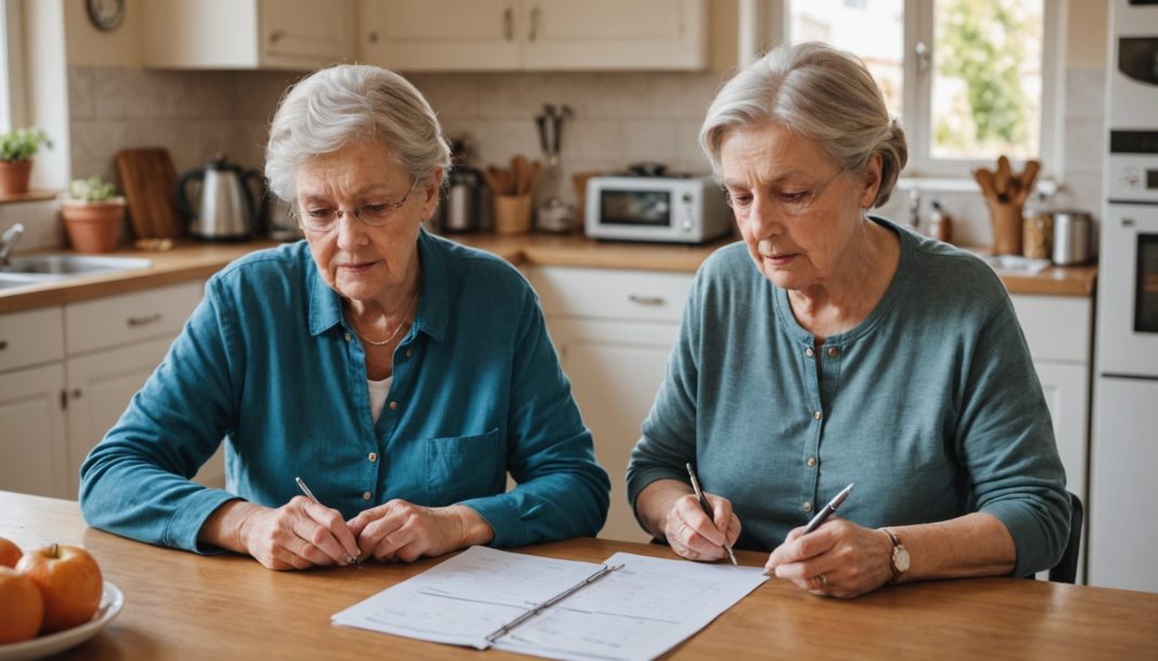 Senior et aide à domicile examinant des documents ensemble à table