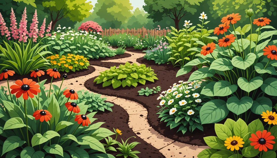 Illustration d'un jardin fleuri entretenu sans pesticides, avec une coccinelle sur une feuille
