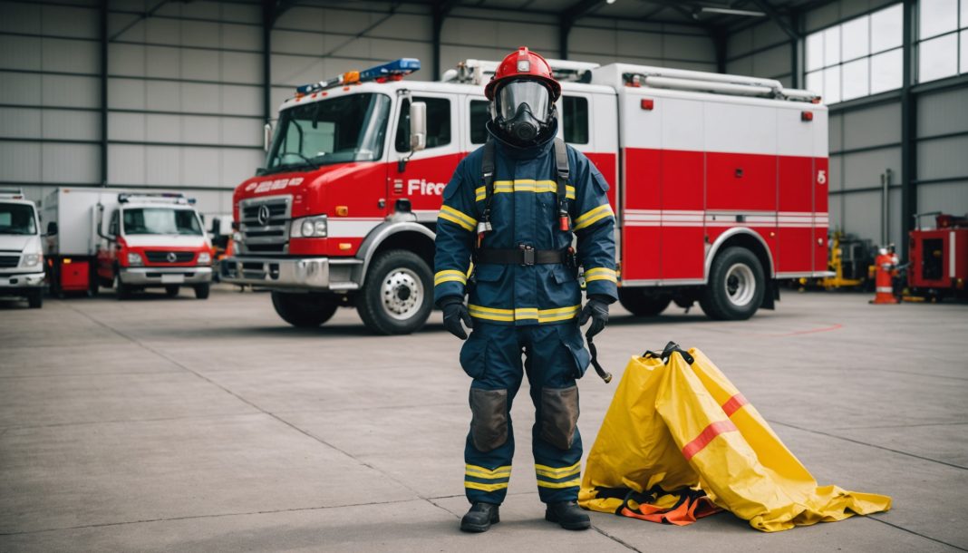 Camion de pompiers et équipement de mousse anti-incendie près d'un hangar, illustration de la réglementation européenne sur les PFAS