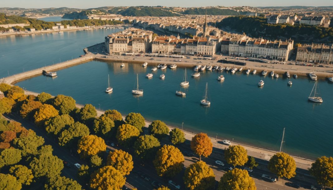 Illustration d un port touristique francais en automne avec voyageurs et valises