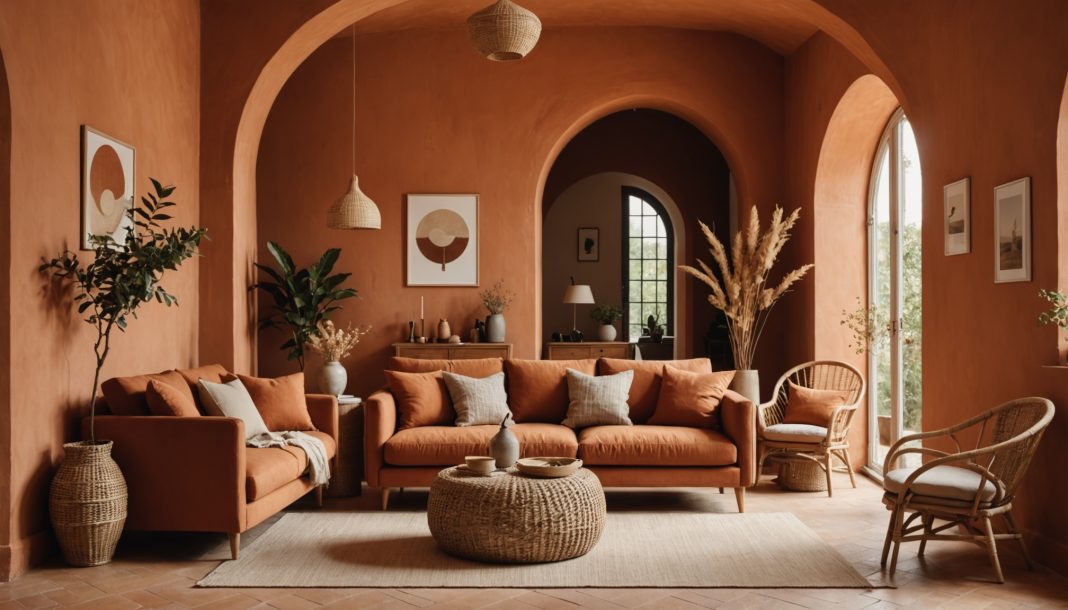 Salon moderne aux couleurs terreuses avec mobilier en rotin et porte cintrée