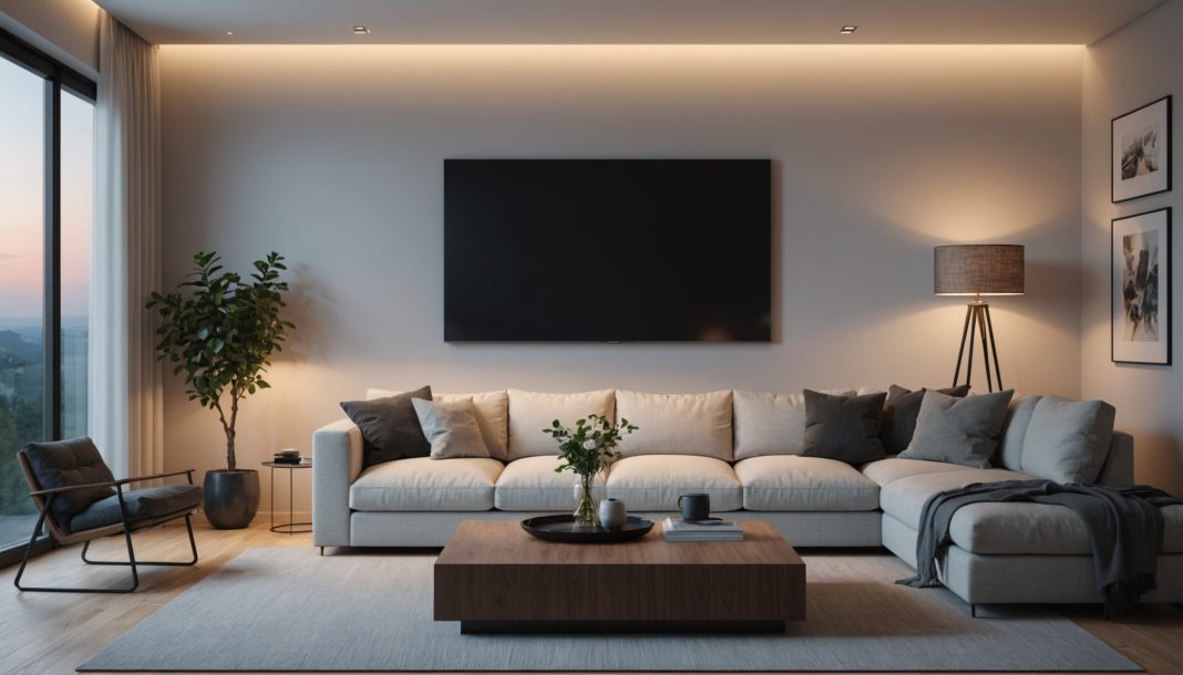 Téléviseur à écran plat installé dans un salon moderne et lumineux