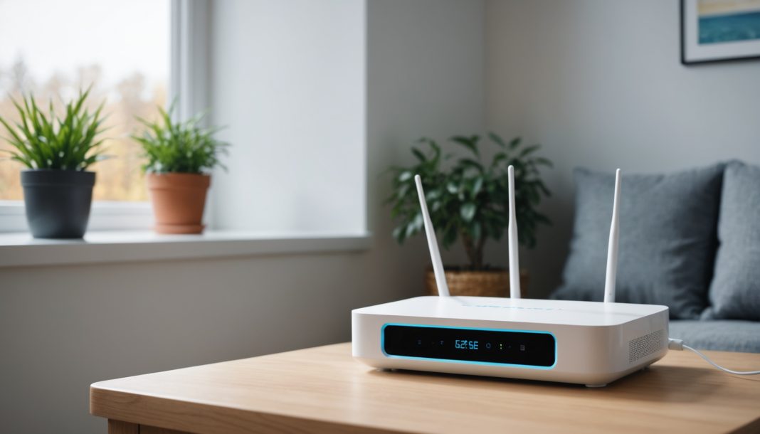 Illustration générée par IA d'une box internet 5G avec signal lumineux bleu, dans un salon