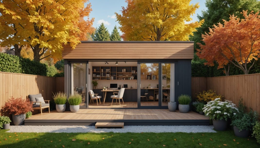 Studio de jardin en bois installé dans un jardin, exemple de bureau indépendant